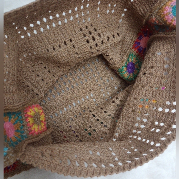 Vintage Boho Crochet Shoulder Bag - Brown with Multicolor Floral Accents - Picture 9 of 10